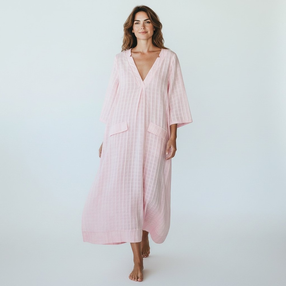 Pomander Place Carolina Pink Plaid Caftan Maxi Dress Womens Small